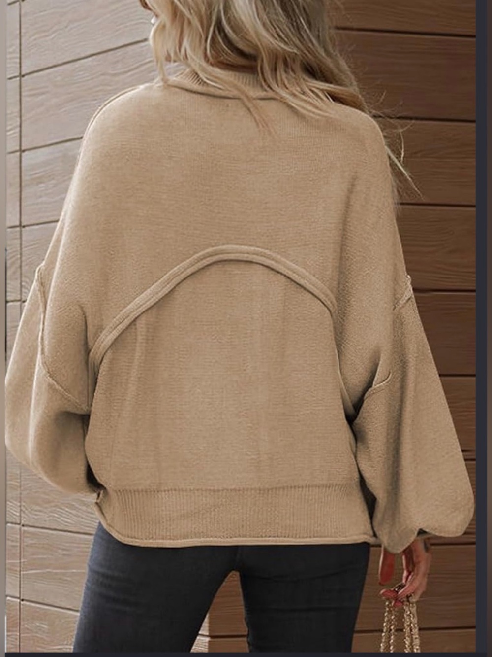 POL Oversized Balloon-Sleeve Crewneck Rolled hem Pocket Boho Chic Sweater